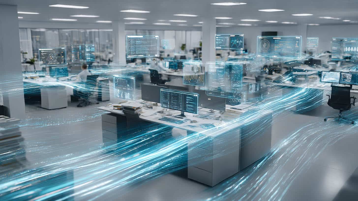 Professionelle Visualisierung über Generative KI im Unternehmen mit Mitarbeitenden, die gemeinsam mit digitalen KI Assistenten arbeiten, dargestellt durch holografische Datenstrukturen in einer modernen Büroumgebung.
