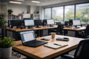 Arbeitsplatz im Mittelstand mit stabiler IT im Hintergrund für effizientes Arbeiten